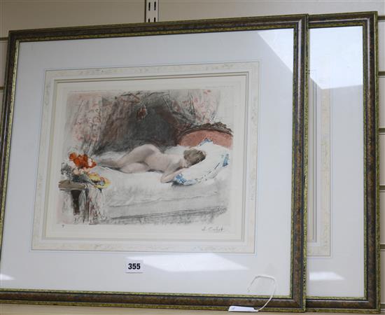 L. Calbet, pair of colour prints, sleeping nudes, signed in the plate, 29 x 36cm